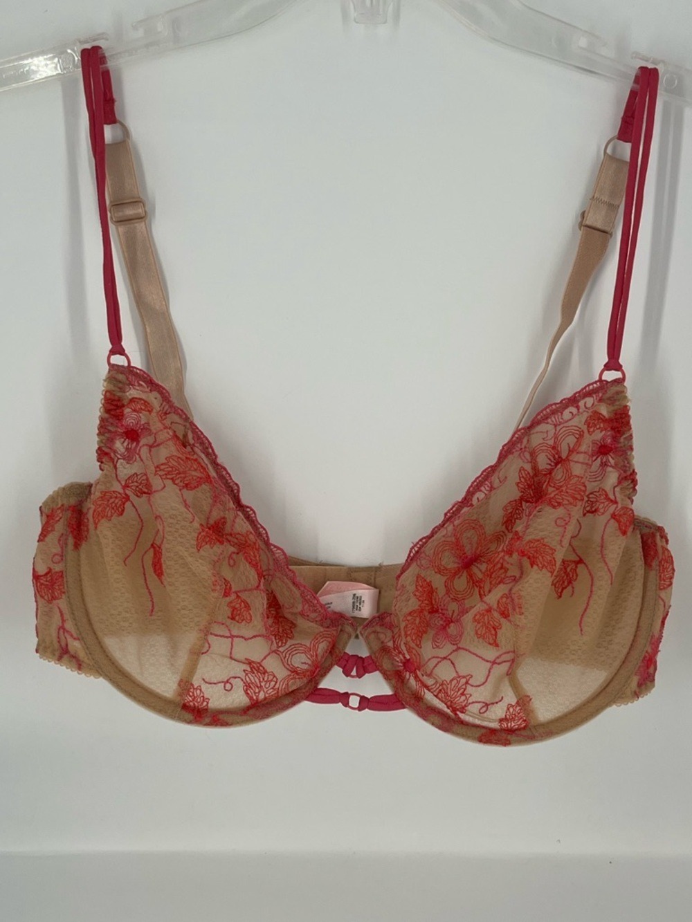 Victoria's Secret Balconete Beige and Red Embroidered Sheer Underwire Bra 34 DD